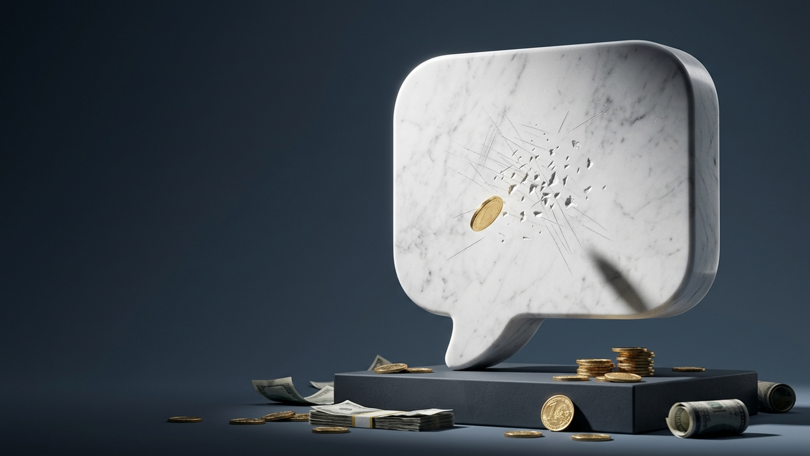 A seamless marble speech bubble covered in scratches from coins, with gold coins bouncing off and piled below: you can't pay your way into the AI answer.