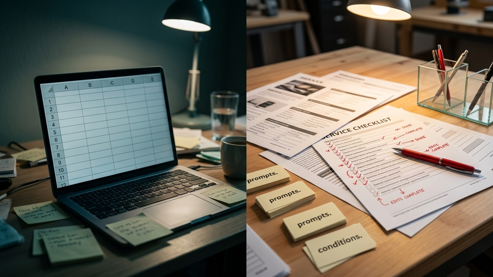 Split image contrasting an empty spreadsheet with a team making website fixes for AI answers